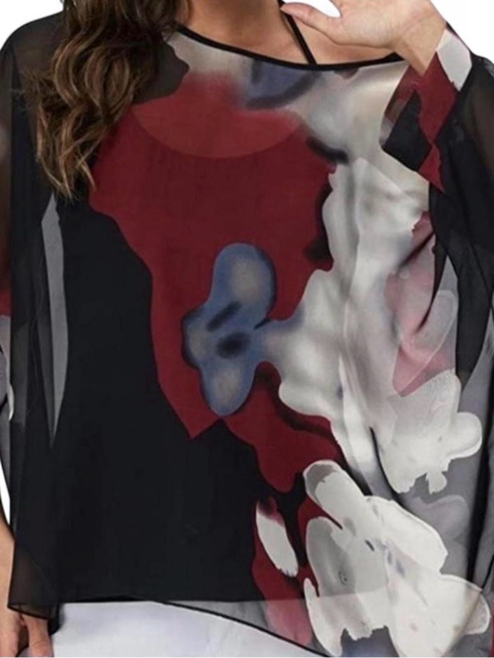 Sheer Abstract Floral Blouse in Black, Wine & Ivory